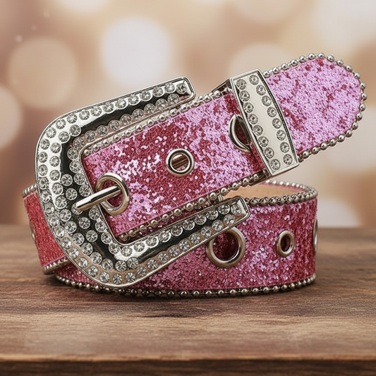 Pink Luxury Glitter Rhinestone Belt with Crystal Buckle & Western Shine