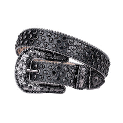 Engraved Buckle Black Strap with Black Studs Rhinestone Belt