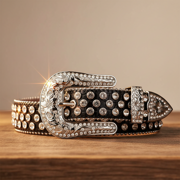Engraved Buckle Black Strap with Crystal Studs Rhinestone Belt – Luxury Handmade Designer Gift Bling Men/Women