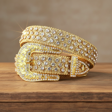 Engraved Buckle Shiny Gold Strap with Crystal Studs Rhinestone Belt