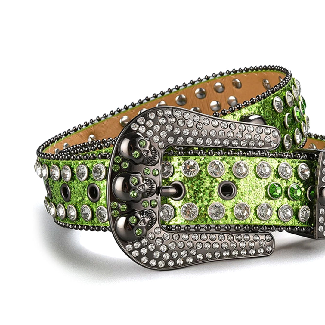 Skull Buckle Shiny Green Strap with Green and Crystal Studs Rhinestone Belt-Belts-The Rhinestone Belts
