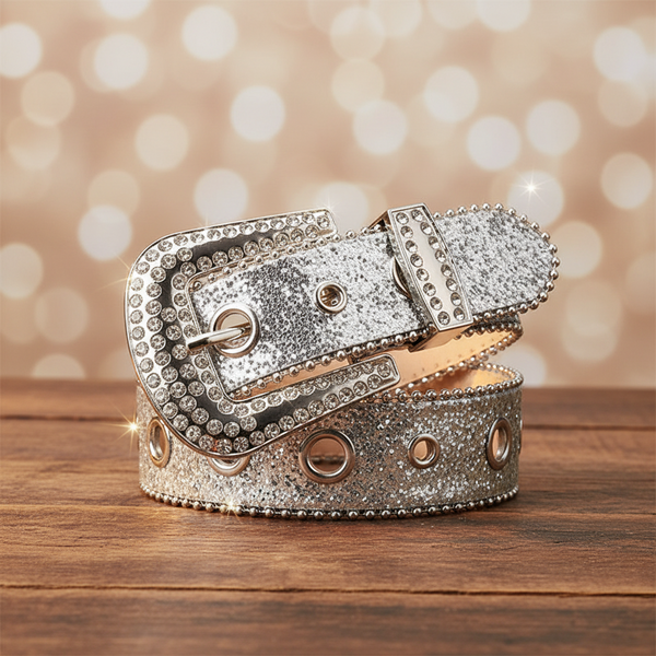 Silver Luxury Glitter Rhinestone Belt with Crystal Buckle & Western Shine