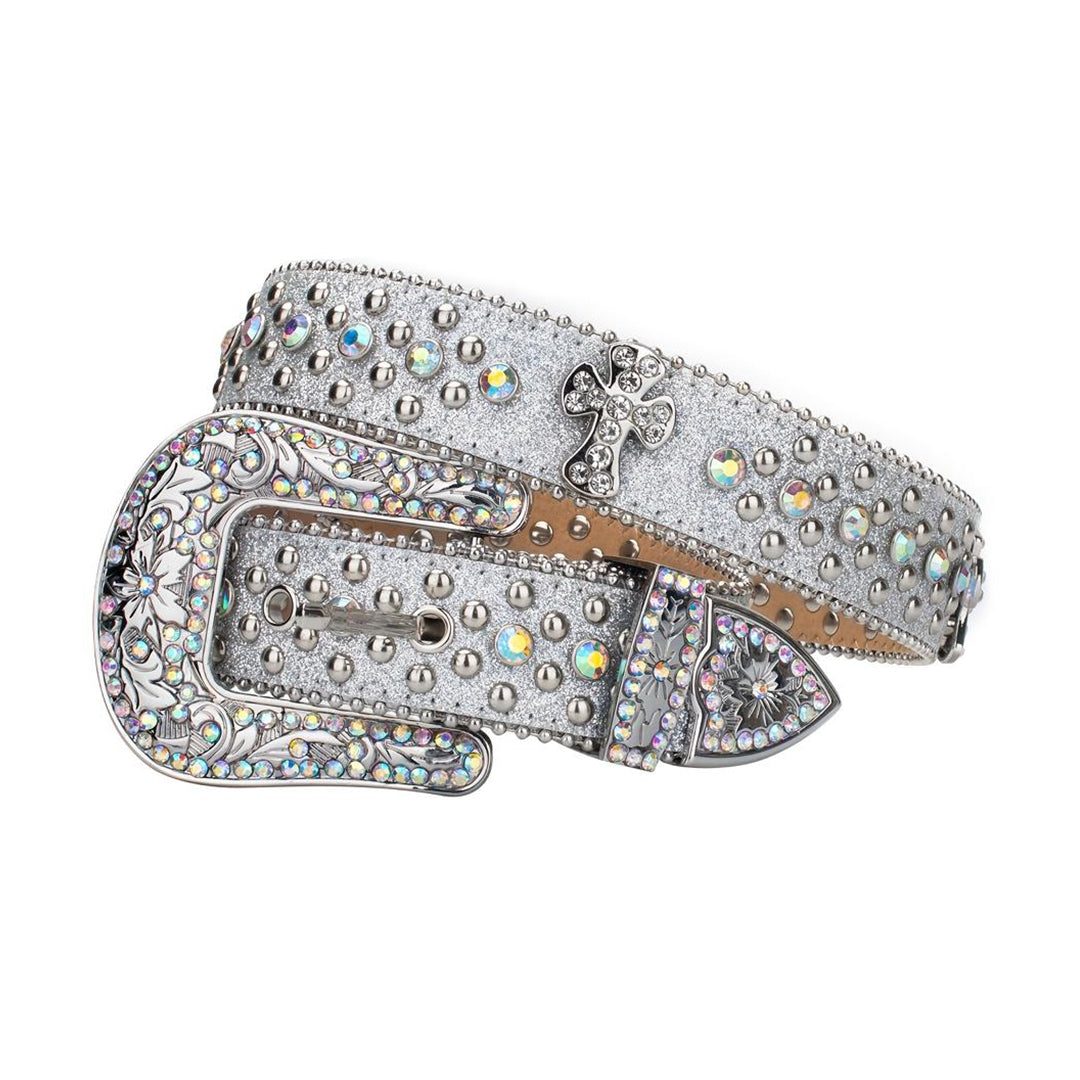 Engraved Buckle Cross Grey Strap with Multi Studs Rhinestone Belt-Belts-The Rhinestone Belts