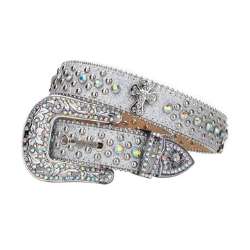 Engraved Buckle Cross Grey Strap with Multi Studs Rhinestone Belt-Belts-The Rhinestone Belts