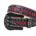 Skull Buckle Purple Strap with Black and Red Studs Rhinestone Belt-Belts-The Rhinestone Belts