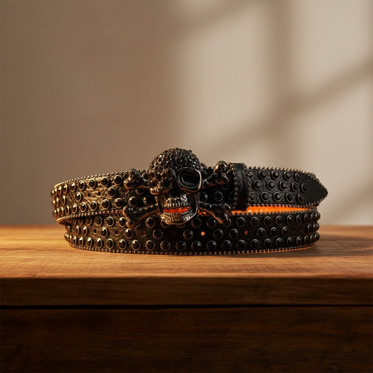 Metal Skull Buckle Black Strap with Black Studs Rhinestone Belt