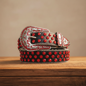 Red Rhinestones with Black Textured Strap and Silver Buckle Rhinestone Belt – Luxury Handmade Designer Gift Bling