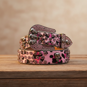 Skull Buckle Pink Patterned Strap with Pink Studs Rhinestone Belt