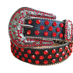 Red Rhinestones with Black Textured Strap and Silver Buckle Rhinestone Belt