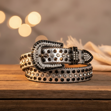 Diamond and Black Rhinestones with Silver Strap Rhinestone Belt – Luxury Handmade Designer Gift Bling Men/Women