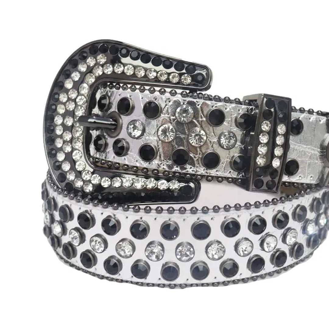 Diamond and Black Rhinestones with Silver Strap Rhinestone Belt-Belts-The Rhinestone Belts
