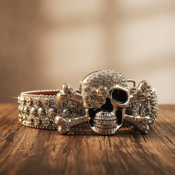 Metal Skull Buckle Silver Strap with Silver and Multi Studs Rhinestone Belt – Luxury Handmade Designer Gift Bling