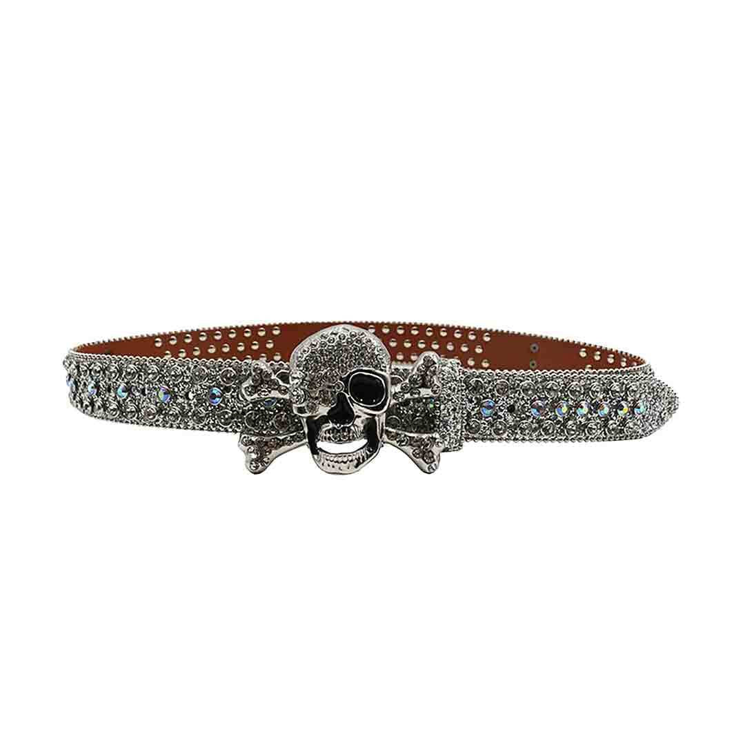 Metal Skull Buckle Silver Strap with Silver and Multi Studs Rhinestone Belt-Belts-The Rhinestone Belts
