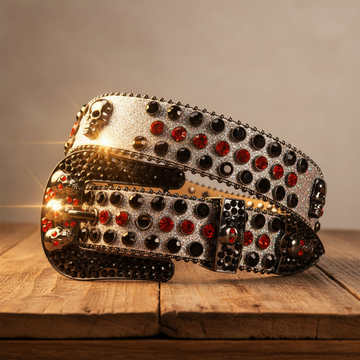 Skull Buckle Grey Strap with Black and Red Studs Rhinestone Belt