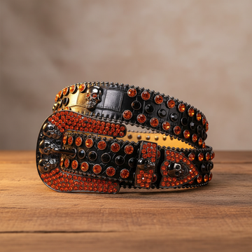 Skull Buckle Black Strap with Orange and Black Studs Rhinestone Belt