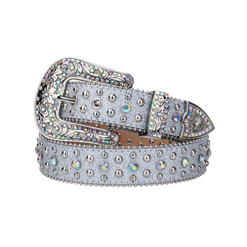 Engraved Buckle Shiny Grey Strap with Multi Studs Rhinestone Belt-Belts-The Rhinestone Belts