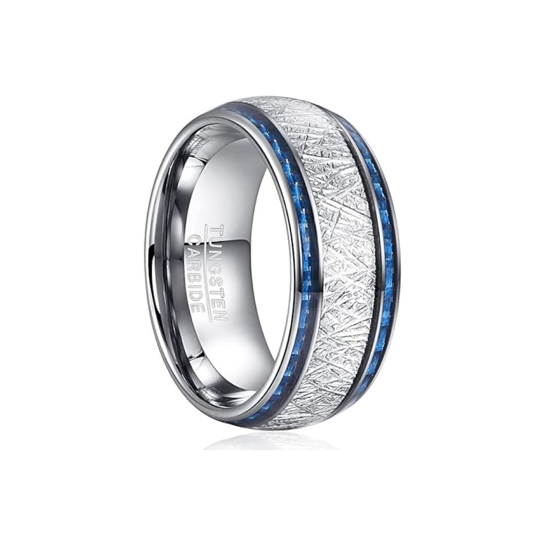 Tungsten carbide ring with textured gray outer band and thin blue edge