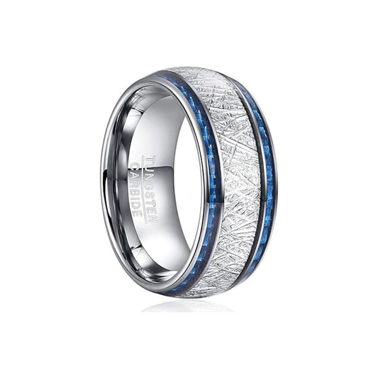 Tungsten carbide ring with textured gray outer band and thin blue edge