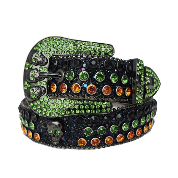 Green and Orange Rhinestones with Black Glitter Strap and Skull Buckles Rhinestone Belt-Belts-The Rhinestone Belts