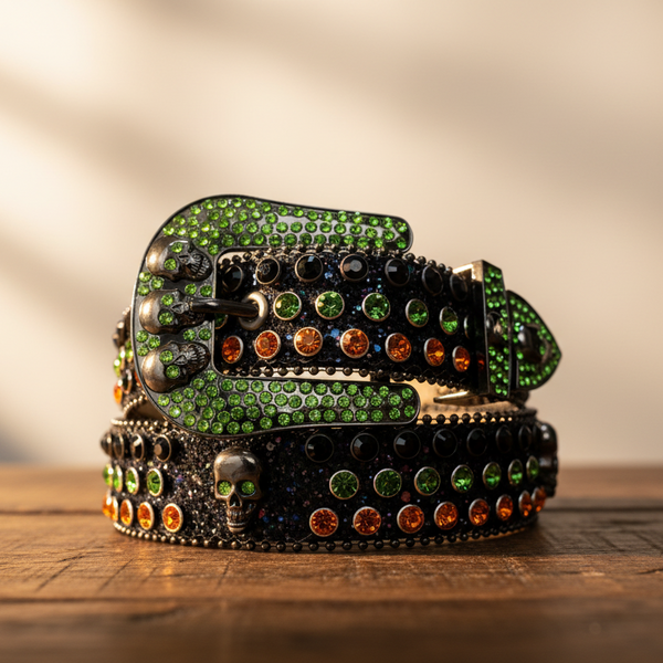 Green & Orange with Black Glitter Strap Skull Buckles Rhinestone Belt