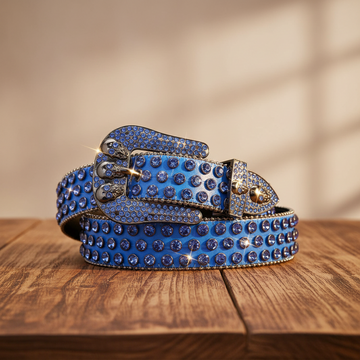 Skull Buckle Blue Strap with Blue Studs Rhinestone Belt – Luxury Handmade Designer Gift Bling