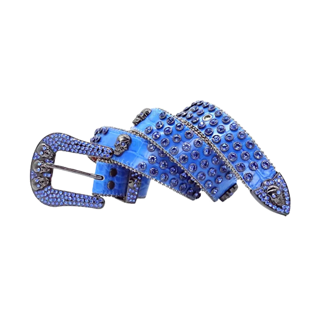 Skull Buckle Blue Strap with Blue Studs Rhinestone Belt-Belts-The Rhinestone Belts