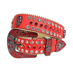 Red and Diamond Rhinestones with Red Strap and Skull Buckles Rhinestone Belt