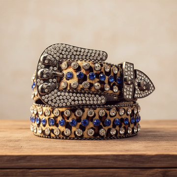 Totenkopf-Schnalle Leopardenmuster-Armband mit blauen und Kristallnieten Strassgürtel