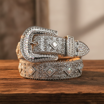 Diamond Rhinestones with Grey Glitter Strap Rhinestone Belt – Luxury Handmade Designer Gift Bling Men/Women