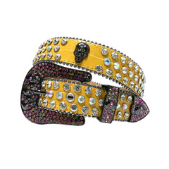 Skull Buckle Yellow Strap with Multi and Crystal Studs Rhinestone Belt