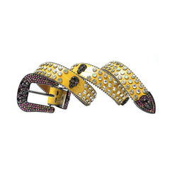 Skull Buckle Yellow Strap with Multi and Crystal Studs Rhinestone Belt