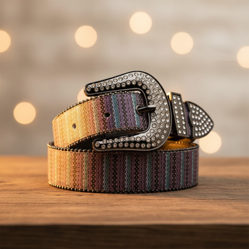 Purple Rhinestone Belt – Engraved Angel Buckle with White Studded Strap