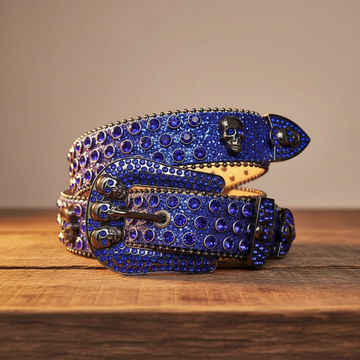 Blauer Strass mit blauem Glitzerriemen und Totenkopfschnallen Strassgürtel