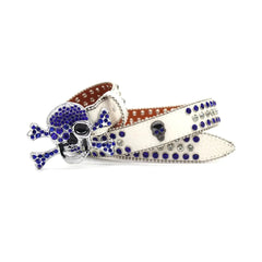 Metal Skull Buckle White Strap with Crystal and Blue Studs Rhinestone Belt