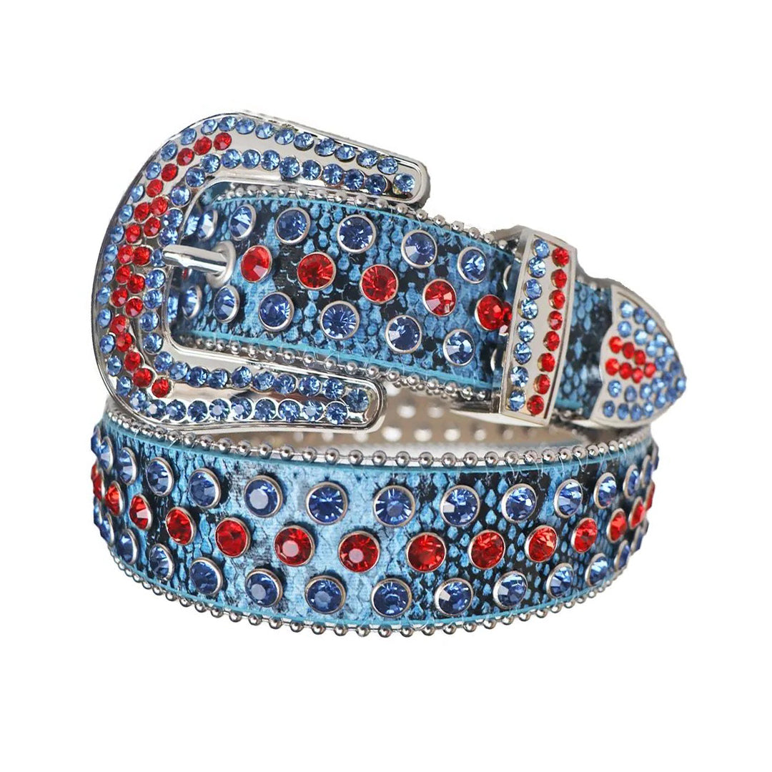 Red and Blue Rhinestones with Blue Textured Strap Rhinestone Belt-Belts-The Rhinestone Belts