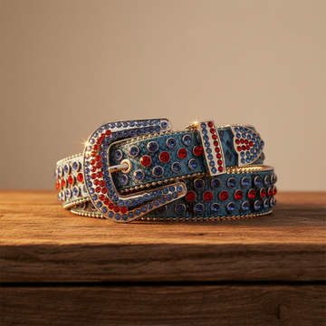 Red and Blue Rhinestones with Blue Textured Strap Rhinestone Belt – Luxury Handmade Designer Gift Bling
