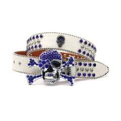 Metal Skull Buckle White Strap with Crystal and Blue Studs Rhinestone Belt