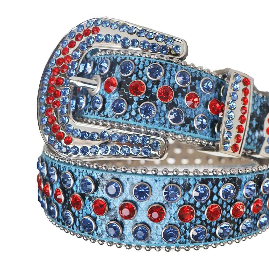 Red and Blue Rhinestones with Blue Textured Strap Rhinestone Belt-Belts-The Rhinestone Belts