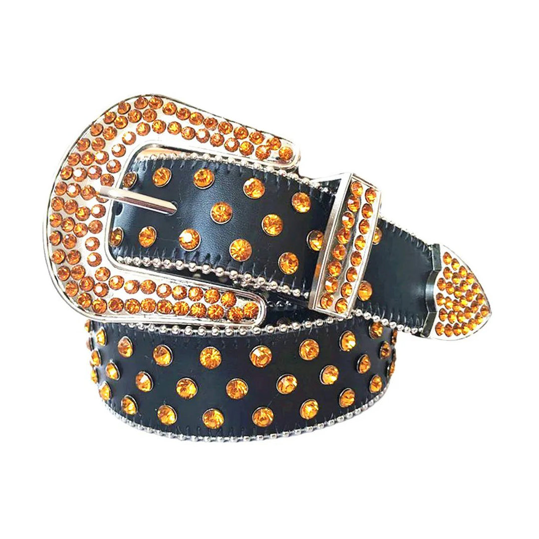 Orange Rhinestones with Black Strap Rhinestone Belt-Belts-The Rhinestone Belts