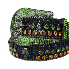 Green and Orange Rhinestones with Black Glitter Strap and Skull Buckles Rhinestone Belt