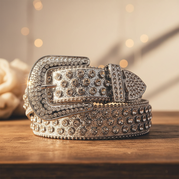Diamond Rhinestones with Gray Glitter Strap Rhinestone Belt – Luxury Handmade Designer Gift Bling Men/Women