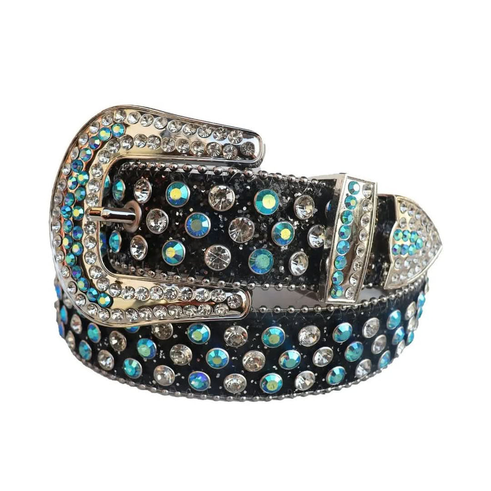Aqua and Diamond Rhinestones with Black Glitter Strap Rhinestone Belt