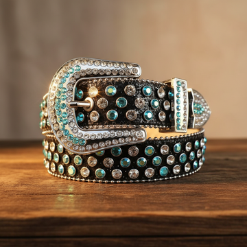 Aqua- und Diamant-Strasssteine mit schwarzem Glitzerriemen-Strassgürtel