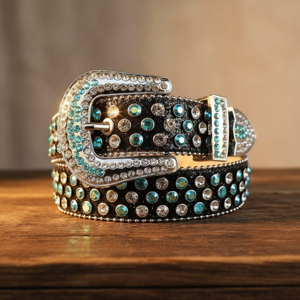 Aqua and Diamond Rhinestones with Black Glitter Strap Rhinestone Belt