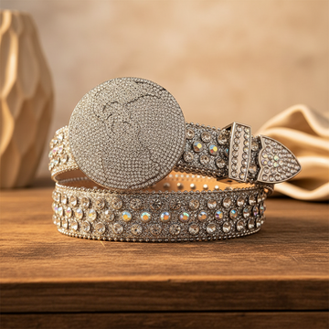 Globe Buckle with Silver and Crystal Studs Rhinestone Belt – Luxury Handmade Designer Gift Bling Men/Women