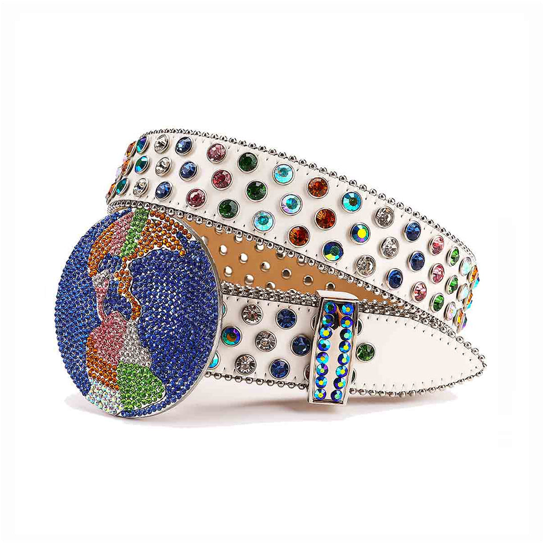 Globe Buckle with Crystal and Multi Studs Rhinestone Belt-Belts-The Rhinestone Belts