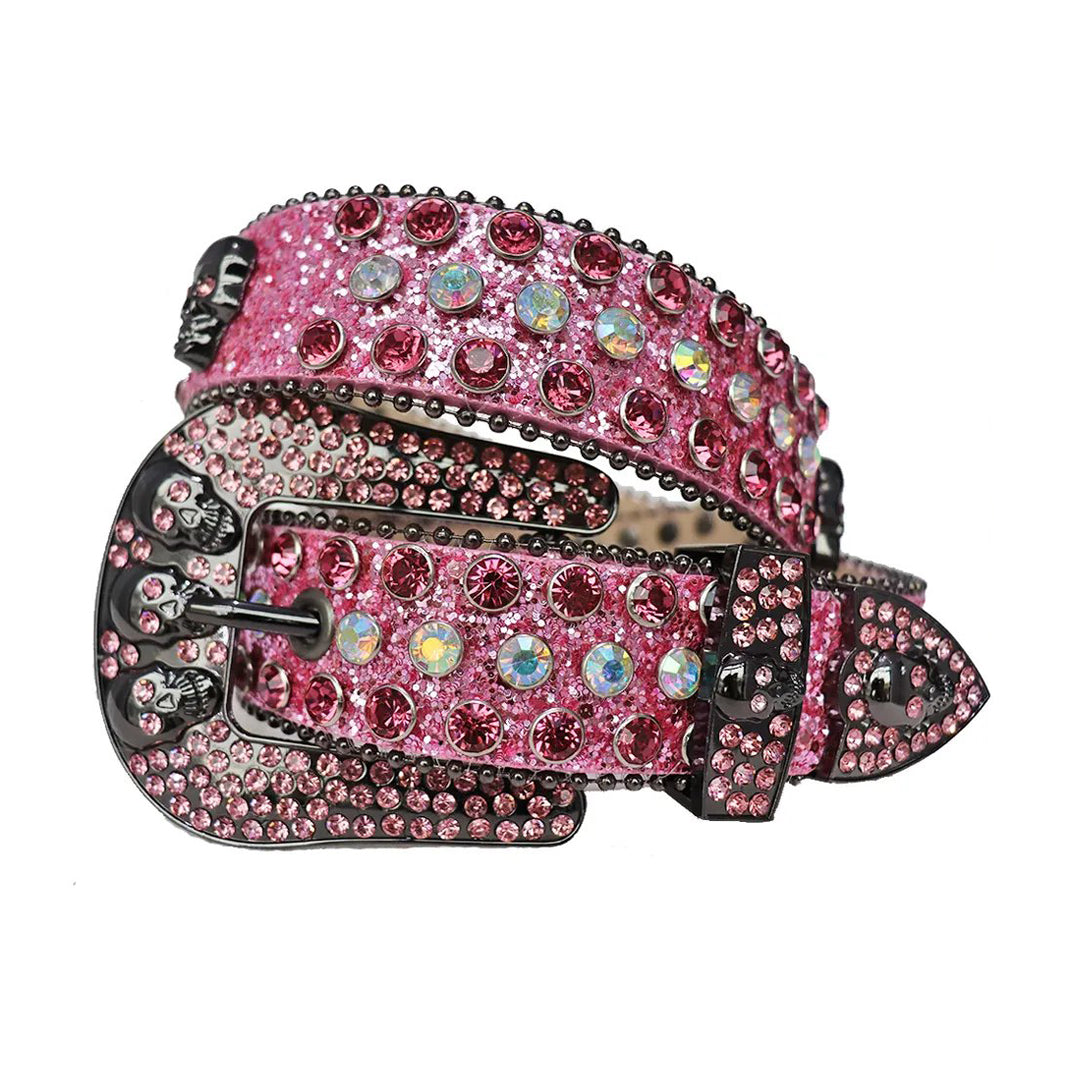 Diamond and Pink Rhinestones with Pink Glitter Strap and Skull Buckles Rhinestone Belt-Belts-The Rhinestone Belts