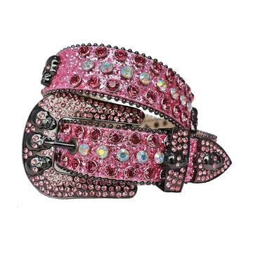 Diamond and Pink Rhinestones with Pink Glitter Strap and Skull Buckles Rhinestone Belt-Belts-The Rhinestone Belts