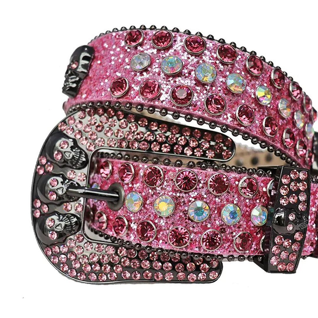 Diamond and Pink Rhinestones with Pink Glitter Strap and Skull Buckles Rhinestone Belt-Belts-The Rhinestone Belts