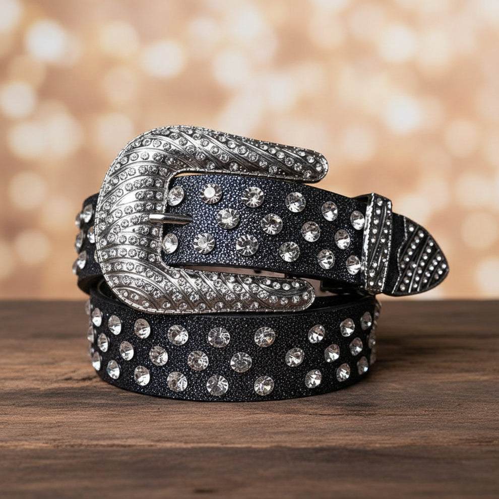Diamond Rhinestones with Black Glitter Strap Rhinestone Belt | TRB...